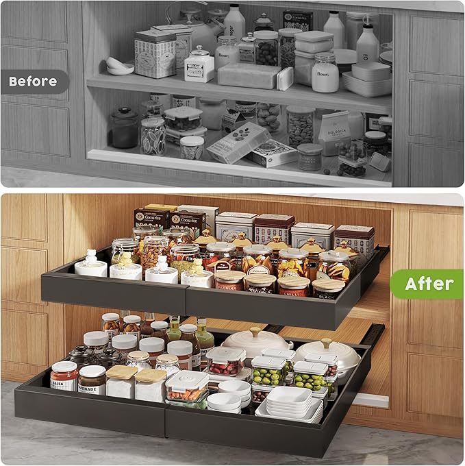 Seinloes 2 Pack Pull Out Cabinet Organizers 21" Deep With Raising Pad for Framed Cabinets, Expandable Width (15.2"-26.3") Slide Out Drawers Upgrade 3 Slide Rails, Roll Out Shelves Adhesive, Black