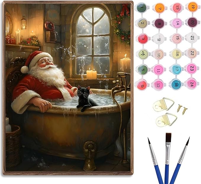 Paint by Number Kit for Adults, Funny Santa in Bathtub with Black Cat 16x20 Inch, DIY Acrylic Painting Kit with Brushes & Paints, Humorous Christmas Art Decor for Home Unframed