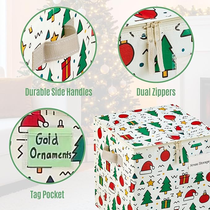 VENO 4 Pack Christmas Ornament Storage Box, Stores up to 64 Holiday Ornaments, Adjustable Dividers, Zippered Top, Storage bins with lids for holiday decorations-3 Inch Cube Compartments (Jingle Mix)