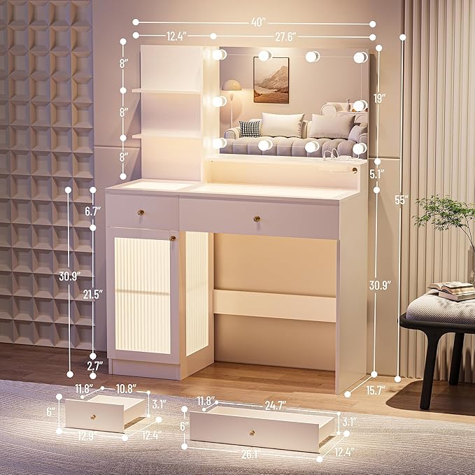 INNOD Vanity Desk with Large Mirror and Lights, Glass Top Makeup Vanity Set with Power Outlet, Drawers and Cabinet, 3 Lighting Color Adjustable Dressing Table for Bedroom,White
