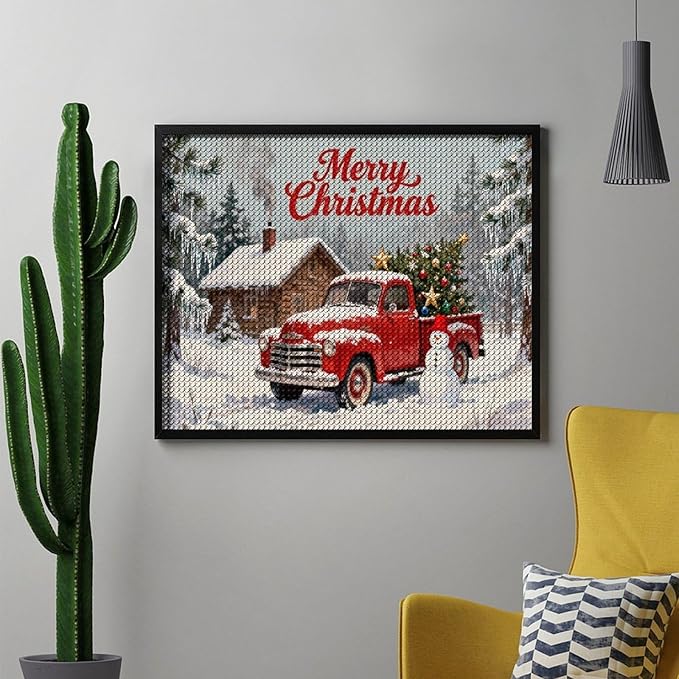 AIVKIEJK Diamond Painting Kits for Adults - Christmas Red Truck with Snowman, Snowy Cabin & Tree Painting DIY 5D Full Drill Diamond Dots Paintings with Diamonds Gem Art and Crafts Home Decor 16"x20"