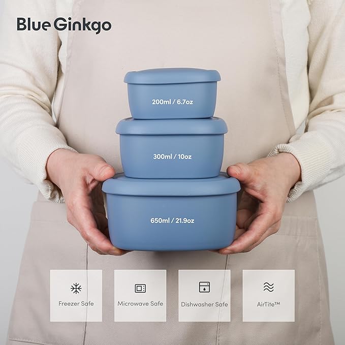 BLUE GINKGO Nesting Silicone Containers - Set of 3 Hard-Shell Silicone Food Storage Containers | BPA Free, Airtight, Dishwasher and Freezer Safe (6.7oz, 10oz, 20oz) - Blue