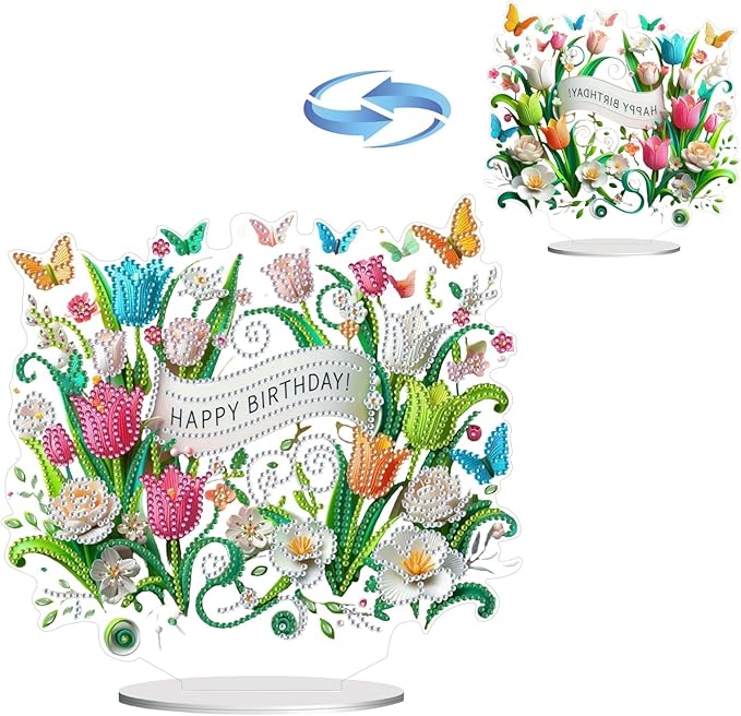 ARTopet DIY Diamond Desktop Ornament PET Irregular Shape Special Shaped Crystal Double Sided Pattern Single Sided Diamond Art Painting Tabletop Home Ornaments Decor-Birthday Flower