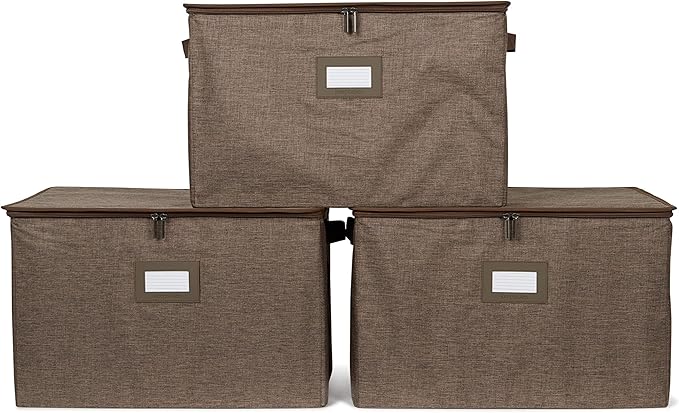 Covermates Keepsakes Zip-Top Storage Box Set, 3 Pack Heavy Duty Polyester Organizer Bins, Stackable Design, ID Window, Reinforced Handles, Closet Home Storage, Brown Heather