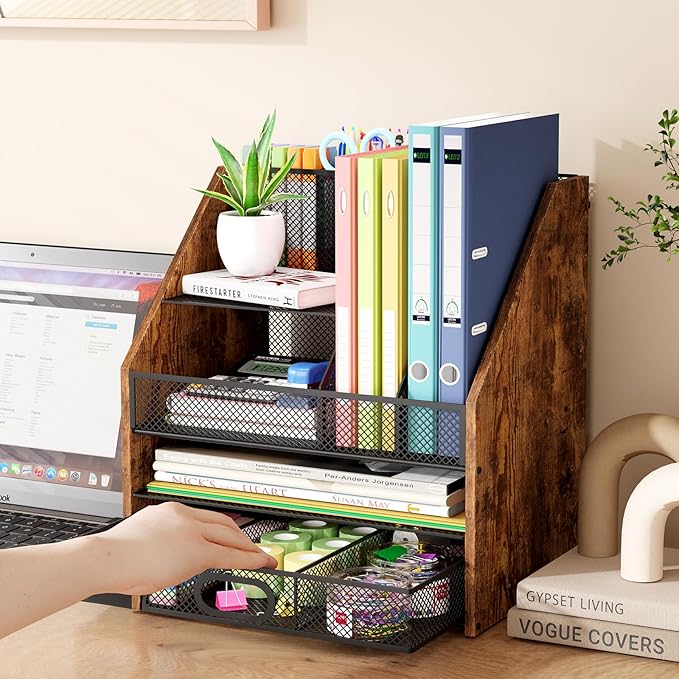 Homsorout Wooden Desk Organizer - Mesh File Organizer with Drawers and Pen Holder - 4-Tier Vertical Paper Letter Storage Tray, Desktop Organizers and Accessories for Home Office