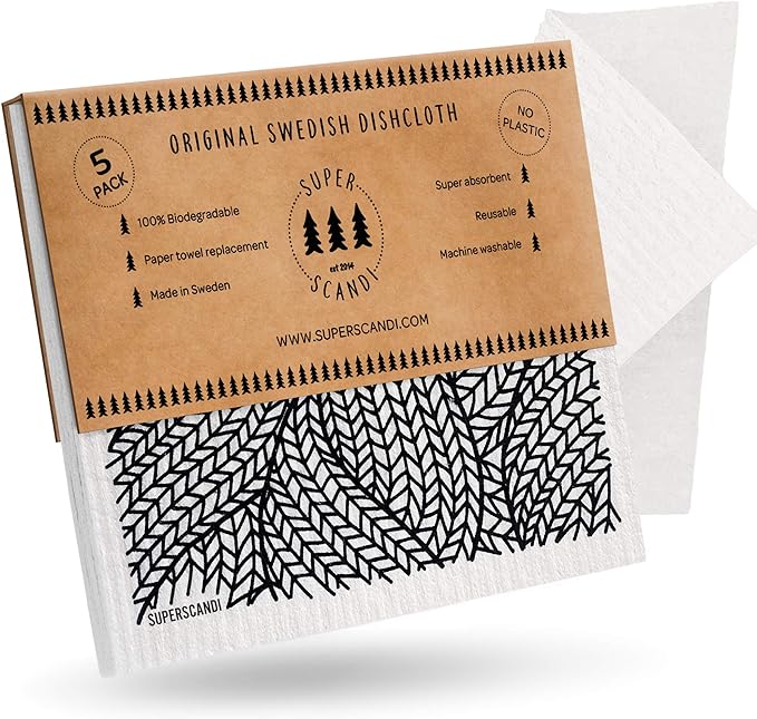 SUPERSCANDI 5 Pack Swedish Dishcloths for Kitchen - 100% Biodegradable & Compostable Reusable Paper Towels Washable, Food-Safe & Without Plastic - Dish Rags for Any Surface, Line Knitting Black