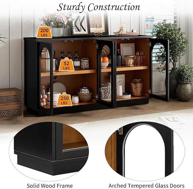 Amposei 57.7-Inch Vintage Sideboard Cabinet 4 Glass Door Storage Cabinet Buffet Console Table with Adjustable Shelves for Kitchen Entryway Dining Living Room, Black