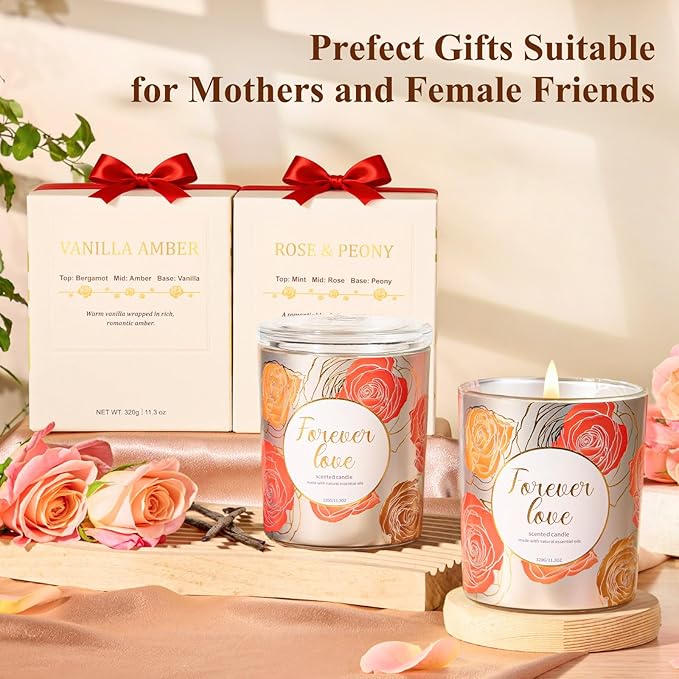 Candles for Women Gift,2 Pack Wood Wick Rose Peony&Vanila Amber Candle Set – Long Lasting Soy Wax Candles with Gift Boxes, Holiday Aromatherapy Candles for Home Decor & Holiday Gifts