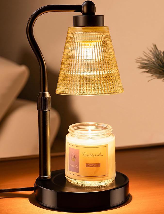 Candle Warmer Lamp for Jar Candles, Height Adjustable & Dimmable with 2/4/8H Timer, 2*50W Halogen Wax Melter Warmer for Home Office Décor, Flameless & Smokeless, Gift for Women Mom, Black-Amber/1 Pack