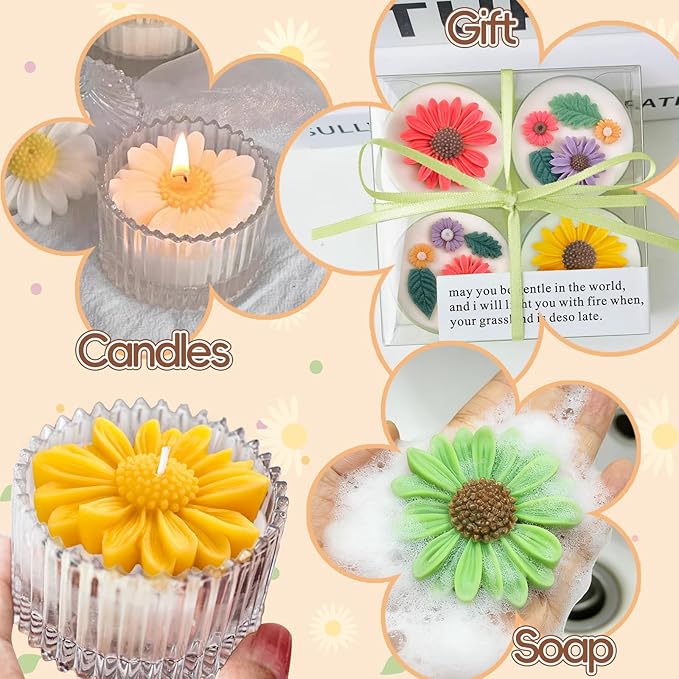 4 Pack Daisy Silicone Molds with Leaf Mold, Set of Large + Medium + Small + Mini Daisy Flower Molds for Candles Wax Soap Epoxy Resin Plaster Fondant Chocolate Cake Cupcake Topper Decoration