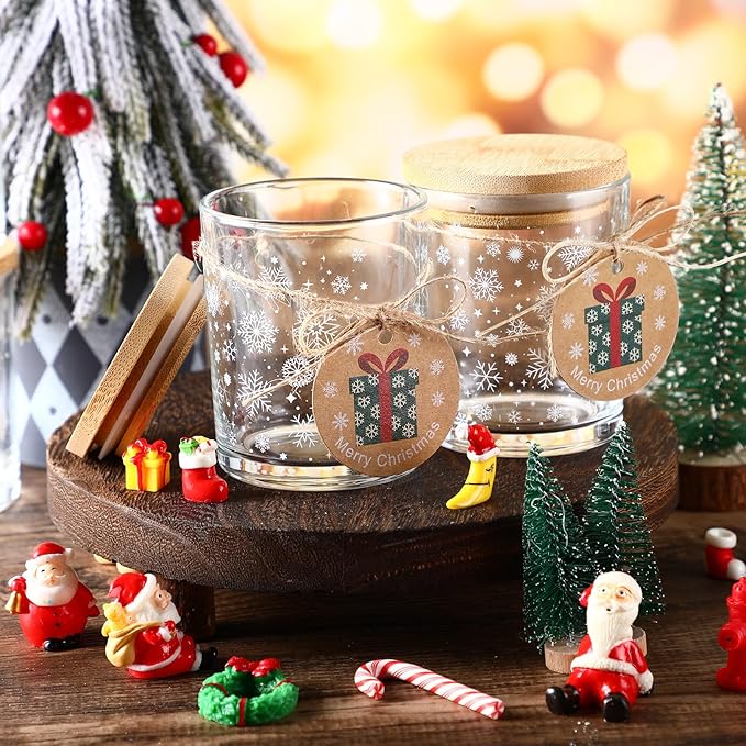 Potchen 12 Pcs Christmas Glass Candle Jars 7 oz Glass Jars Empty Containers with Bamboo Lids and Christmas Cards for Candle Making Storing Biscuits Holiday Tea Party Favors