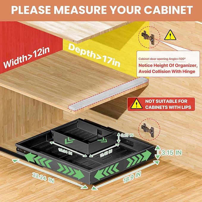 2 Pack Pull out Cabinet Organizer, Width (12"-19") Depth (17"-23"), with 3 Rails Adjustable Slide, Expandable Pullout Drawers for Cabinets, No Drill Adhesive Kitchen Drawers for Pantry Shelves