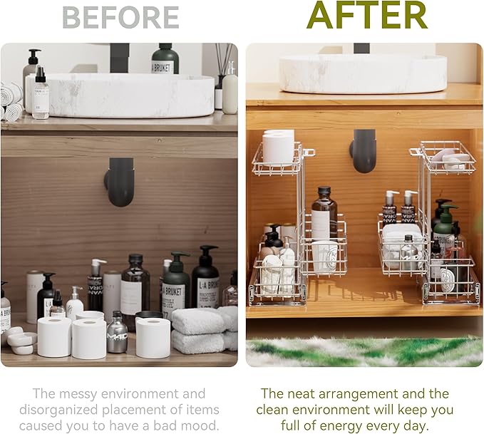 2 Tier Under Sink Organizer 11" W X18 D, Pull Out Cabinet Organizer One Removable Basket, Under Sink Slide Out Chrome Plated, Under Kitchen Bathroom Sink Organizer, 2 Pack