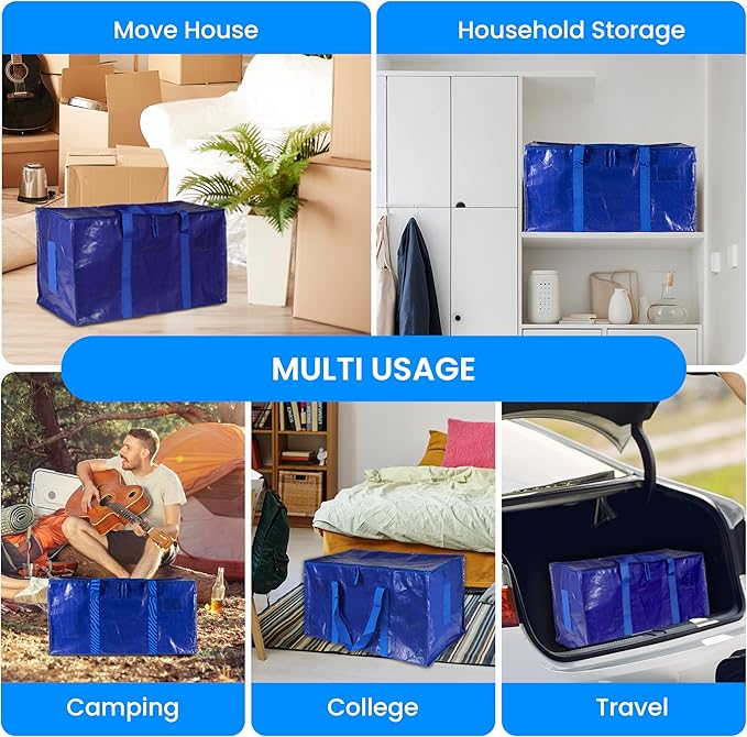 Simple Deluxe 4 Pack Extra Large Moving Bags with Lids, Reinforced Handles and Zippers, Heavy Duty Storage Tote for Moving Travel Camping Space Saving, Blue