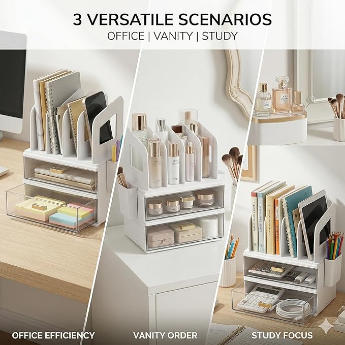 CiWiVOKi White Desk Organizer with 4 File Holder Slots, 2 Clear Drawers & Dual Pen Holders, Multi-Functional Office Supplies Desktop Storage for Home Office, Space-Saving Mail Sorter & Caddy