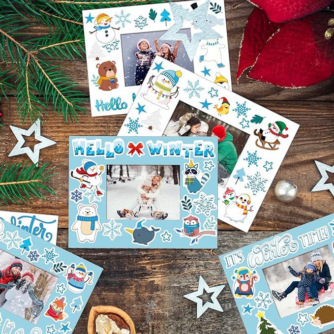 Hayux DIY Craft Kits for Kids - 24 Packs DIY Winter Wonderland Photo Frames Set with Stickers Paper Picture Frames Funny Winter Gifts Craft for Christmas Party Favors School Activities
