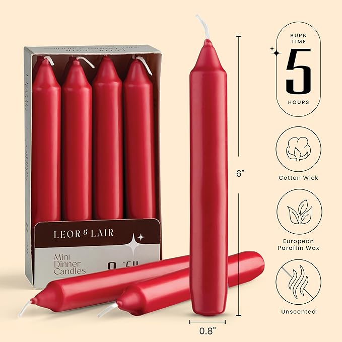 Leor & Lair Red Candlesticks - Pack of 8 Short Taper Candles with Cotton Wick - 5 Hour Burn Mini Red Candles Sticks for Romantic Dinners, Valentines Day & Christmas Decoration
