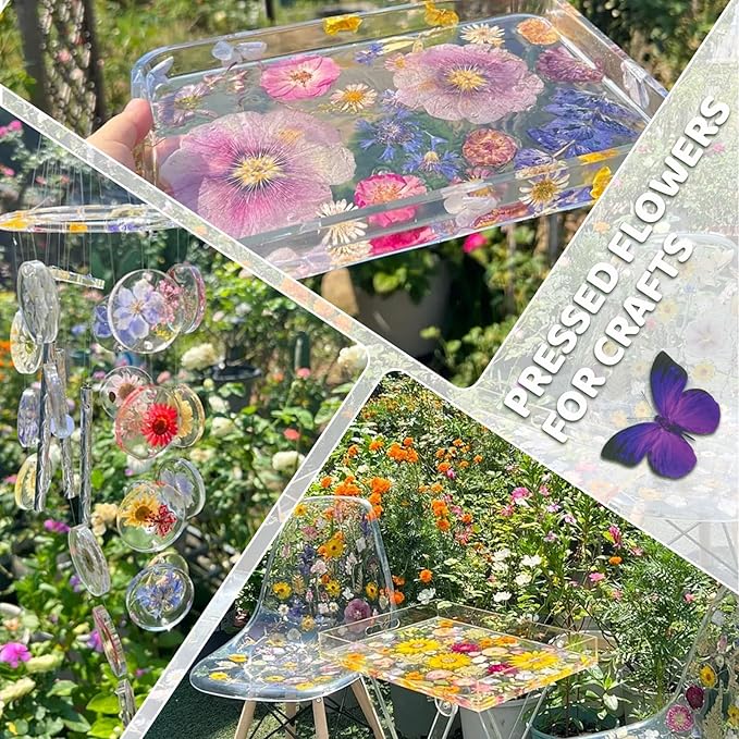 142Pcs Dried Flowers, Dried Pressed Flowers for Crafts, Natural Dried Pressed Flowers for Resin with DlY Butterfly Stickers&Tweezers for Photo Frames, Scrapbooks, Candles, Jewelry Making, Resin Molds