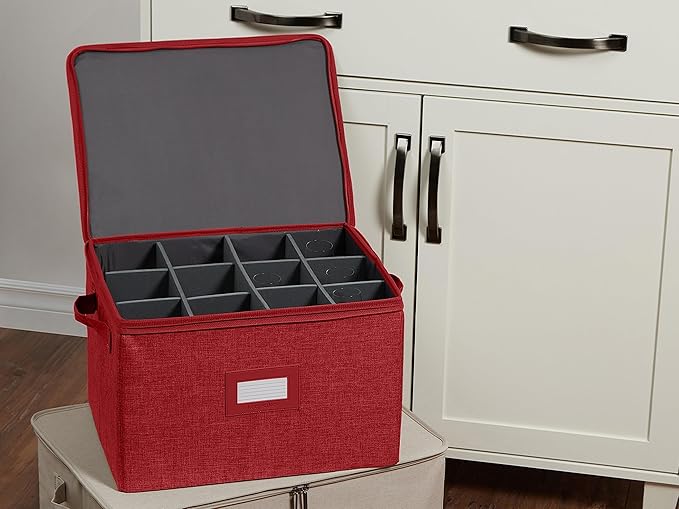 Covermates Cup and Mug Storage Box with Dividers, Stackable Organizer for Coffee Mugs & China Cups, Heavy-Duty Polyester with Handles, Zipper Closure & ID Window, Red Heather