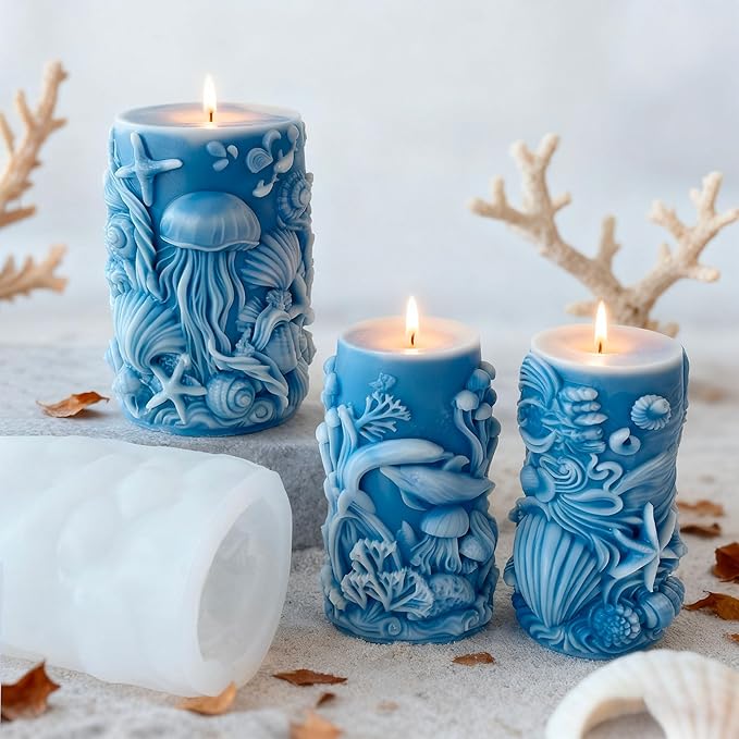 Ocean Animal Cylinder Candle & Resin Mold - Resin Casting Silicone Molds for Home Decor & Candle Making Wave Spiral Mold
