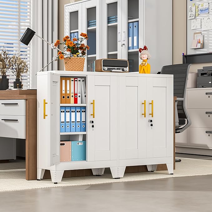 White Metal Storage Cabinet, 36" Tall Locking Storage Cabinet with 2 Adjustable Shelves, Steel Locker Organizer, for Office, Home, School, 11.81" D x 23.62" W x 35.83" H, 2PS