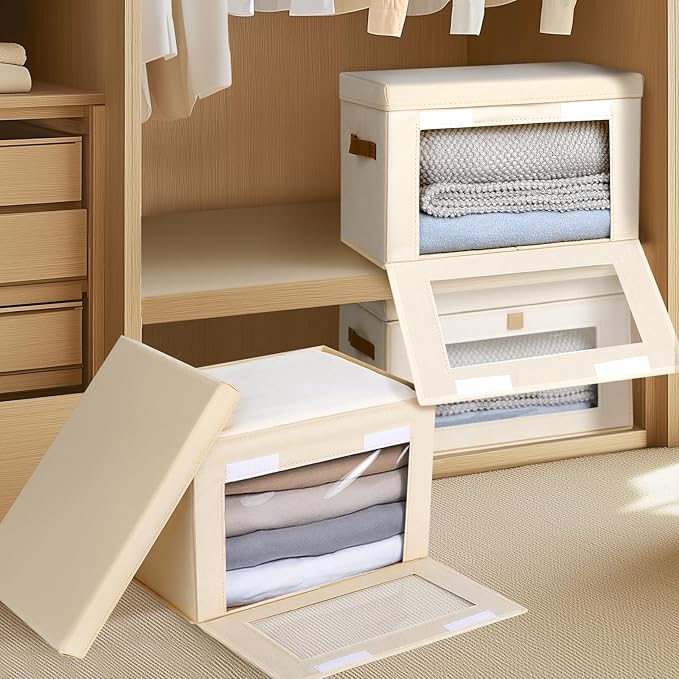 Collapsible Storage Bins - Large Closet Organizer with Handles & Window, Decorative Storage Boxes, Fabric Containers for Living Room, Dorm, 4 Pack, Beige