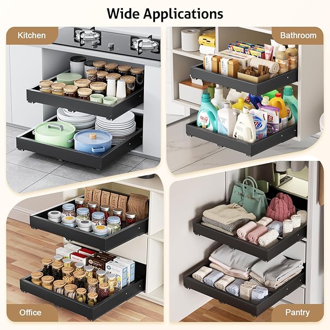 Upgrade 2 Pack Pull Out Cabinet Organizer, Expandable Width (11.4"-18.9") Depth (16.3"-21.7") Pull out Drawers for Cabinets with 3 Rails, No Drill Adhesive Film or Nail Slide out Drawers for Kitchen