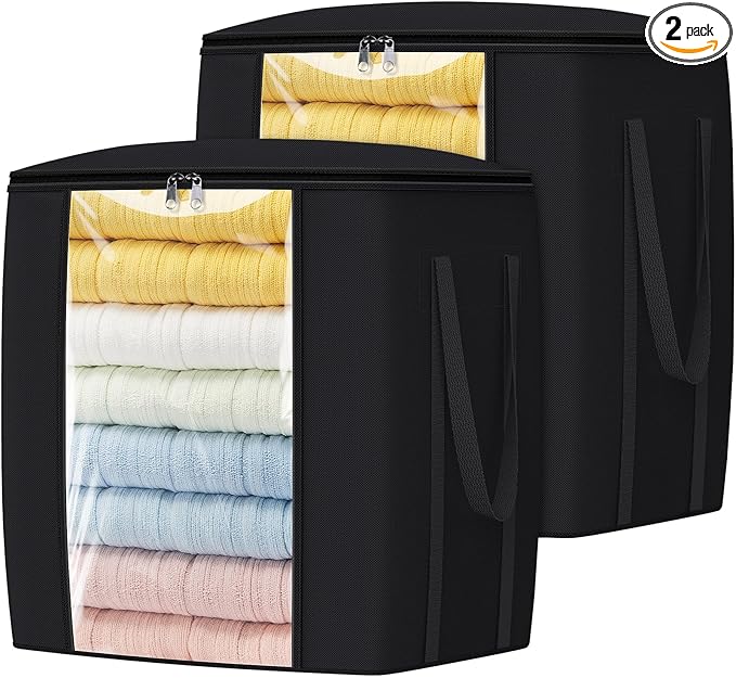 TasticTotes 120L Extra Large Clothes Storage Bags, Foldable Blanket Storage and Organization, Thick Fabric Containers with Reinforced Handles & Zippers for Clothing, Comforters, Bedding, Black, 2 Pack