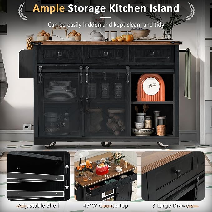 Amposei Farmhouse Kitchen Island on Wheels with Drop Leaf & Power Outlet, 53.7-Inch Rolling Storage Island Cart Breakfast Bar with Drawers, Sliding Barn Door Cabinets, Spice Rack (Black)