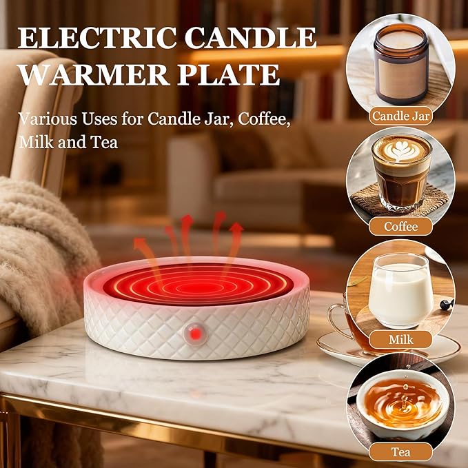 Candle Warmer Plate,with Timer Auto Shut Off Ceramic Electric Large Candle Wax Melt Warmer for Jar Candles, Mug Warmer Heater for Coffee Cup Beverage Milk Tea for Home Office(White)