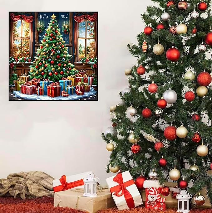 Accompany Wind Christmas Diamond Art Kits for Adults, Christmas Tree Diamond Painting Kits, 5D Round Full Drill Winter Diamond Art Crafts for Home Wall Decor Gifts 14x14 Inch
