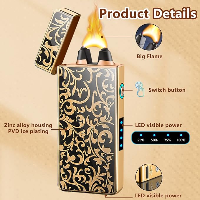 Big Flame Electric Lighter Plasma Lighters Cool Lighters with LED Battery Indicator, Windproof Arc Lighter, Butane for Man & Woman(Bloom)