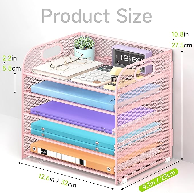Cawukege 5 Tier Paper Organizer with Handle, Pink Metal Mesh Desk Organizer File Folder Paper Letter Tray Desktop Document Sorter for Classroom, School, Office Accessories Organization and Storage