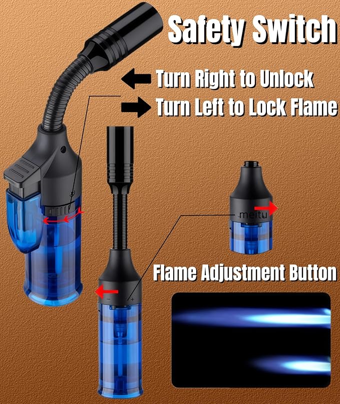 4 Pack Butane Torch Lighter, Mini Refillable Windproof Jet Flame Lighters with Safety Lock, Refillable Adjustable Flame Butane Gas Lighter for Candle Camping Fireplace BBQ Grill(Fuel Not Included)