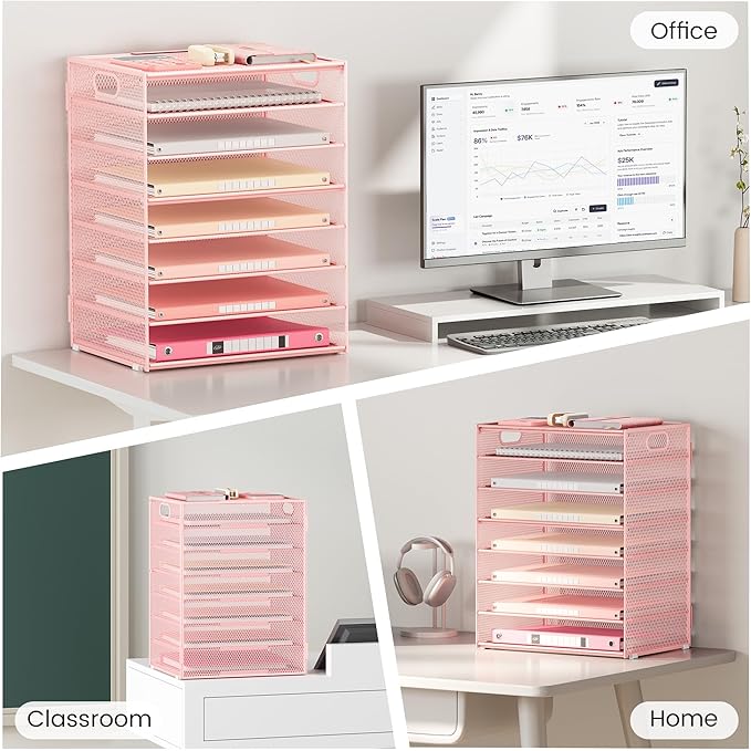 Lavatino 2 Pack 8-Tier Office Desk File Organizer, Letter Tray Paper Organizer with Handle, Including 5 Adjustable Slide Trays for Organizing Desk Workspace Accessories and Supplies (Pink Mesh)