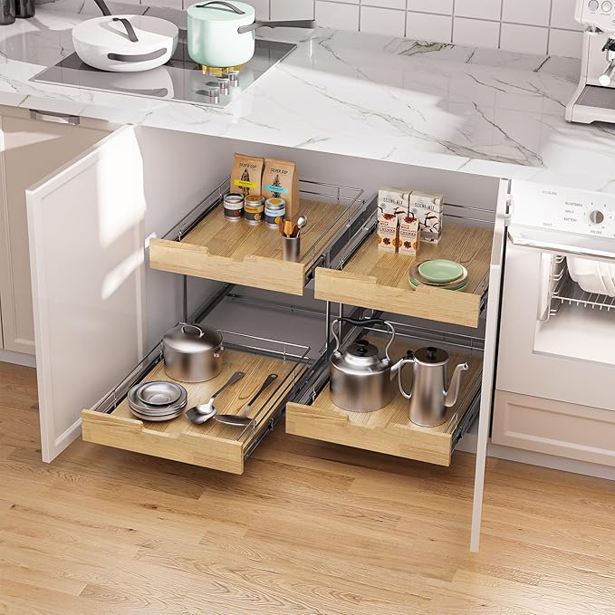 Sikarou Pull Out Cabinet Organizer,Heavy-Duty Slide Out Shelf, Wood and Wire Basket, Pull Out Drawer for for Kitchen Under Sink Space, Pantry, Bathroom, 2 Tie 17 * 21 in