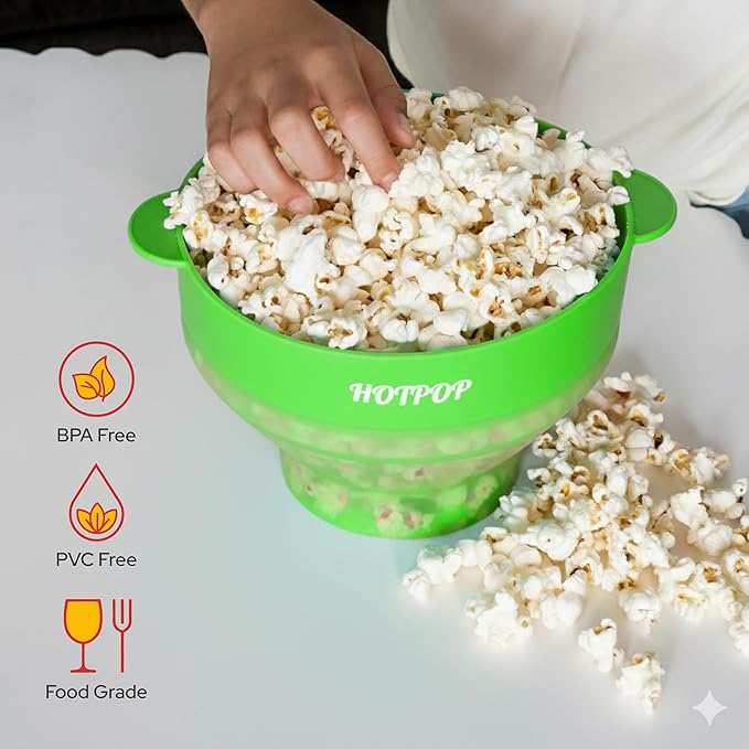 The Original Hotpop Microwave Popcorn Popper, Silicone Popcorn Maker, Collapsible Bowl BPA-Free and Dishwasher Safe- 20 Colors Available (Transparent Green)