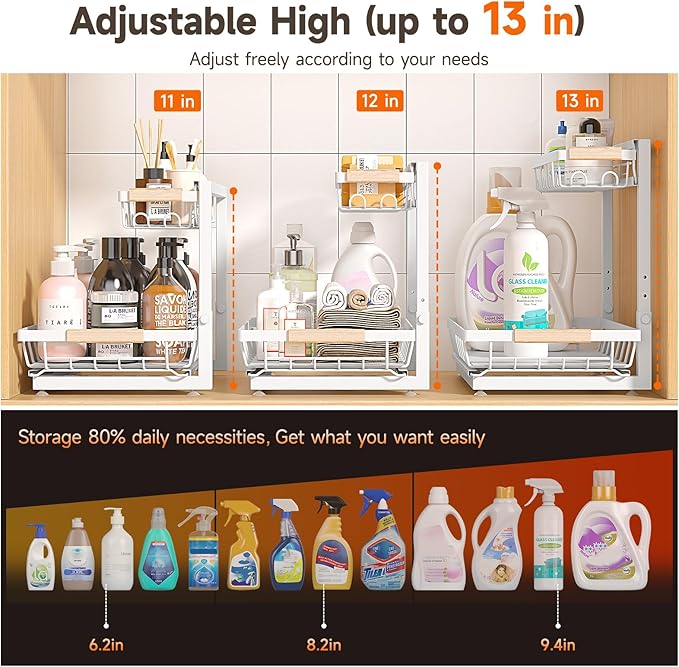 2 Packs Under Sink Organizer, Height Adjustable 3 Tier Under Kitchen Sink Organizer, Multi-Purpose Storage Shelf for Kitchen Bathroom Cabinet (White, Large)