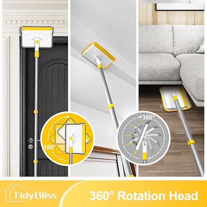 Baseboard Cleaner Tool with Handle, 55.9” Long Wall and Base Board Cleaning Mop, 4 Reusable Pads, 1 Stiff Bristle Scrubber Brush for Floorboard Ceiling Cabinet Window Bathroom (Yellow)