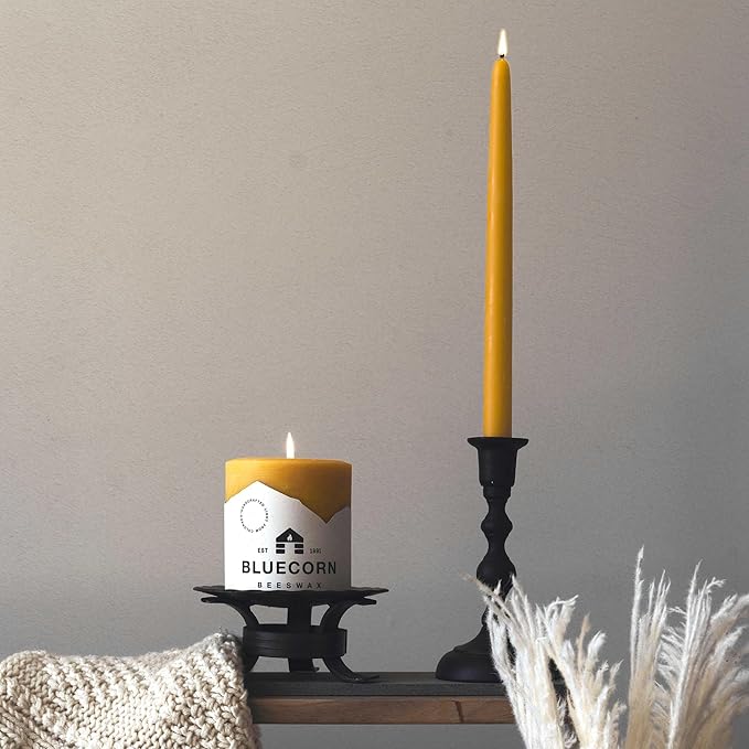 Bluecorn Beeswax Taper Candles, 100% Pure Natural Bees Wax, Pair of 8 Inch Yellow Tapered Candlesticks, Clean Burning & Dripless, Fragrance Free, Long Lasting, Home Decor, American Made, 1 Count