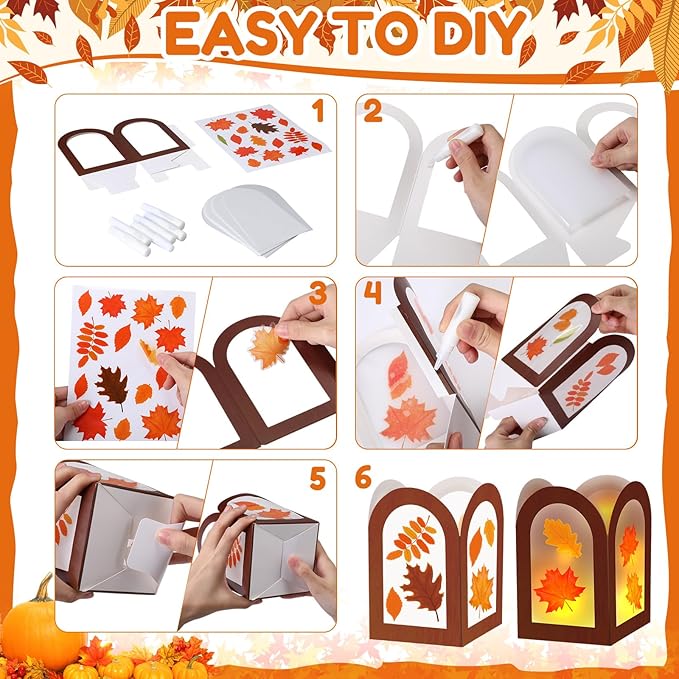 Marspark 24 Sets Thanksgiving Crafts Bulk Turkey Maple Leaf Fall Craft Paper Lanterns Kit DIY Harvest Autumn Lanterns for Home Art Activities Party Decorations(Maple Leaf)