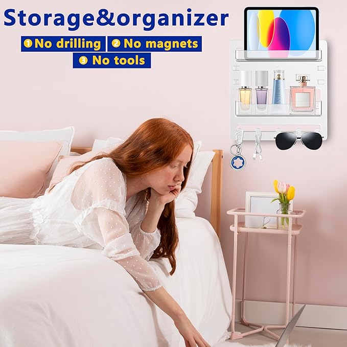 Bedside Shelf Wall Mount,Floating Bedside Adhesive Shelves Accessories,Wall Shelf Organizer and Storage for Bedroom,Camper,Dorm,Apartment-Phone,Earphone,Kindle,Remote Holder,Cable Clip,5 Hooks-Clear