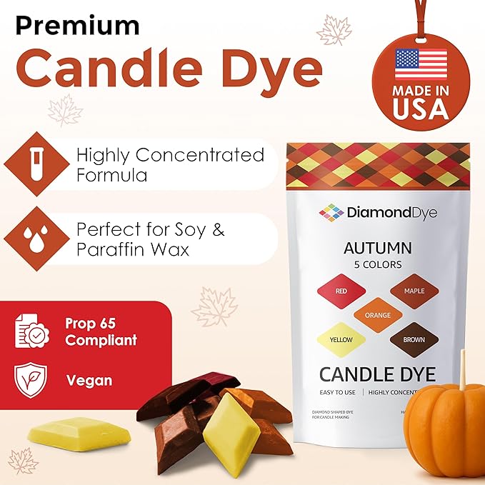 Candle Dye - Made in The USA - 5 Autumn Colors (Red, Brown, Orange, Yellow, Maple) for Paraffin or Soy Wax - Highly Concentrated - Great for Professionals or Hobbyist - 50 Dye Chips