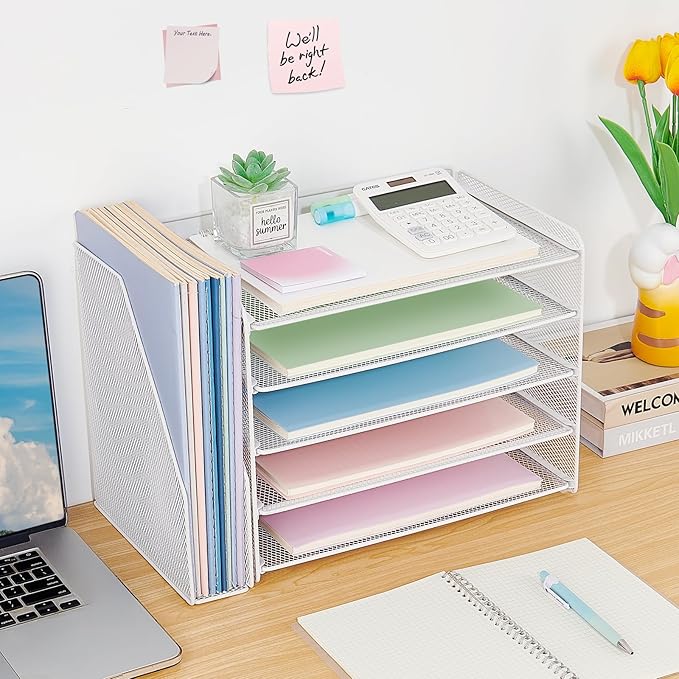 OPNICE Desk Organizer, 5-Tier Paper Organizer Letter Tray with Magazine Holder, Office Desk Accessories & Workspace Organizers, Desktop File Organizer for Office Supplies Storage, White