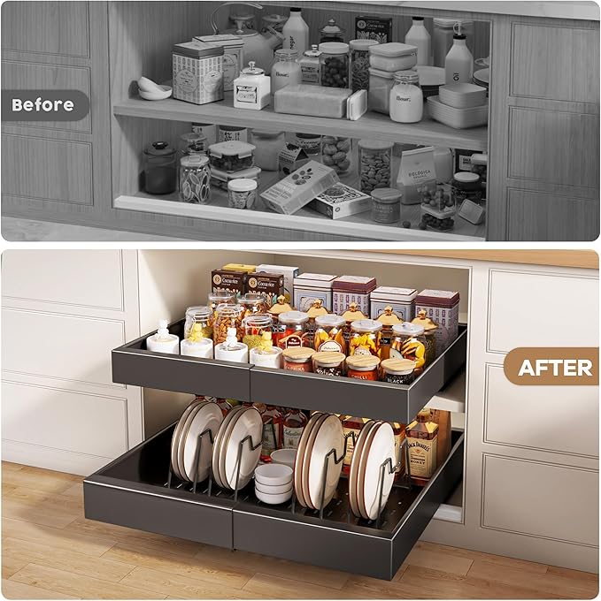 Seinloes 6 Pack Pull out Cabinet Organizer 21"Deep with Raising Pad for Framed Cabinets, Expandable Slide out Drawers for Kitchen Cabinets with 6pcs Divider Racks, Roll out Shelves 12.1"-20.4" W Black
