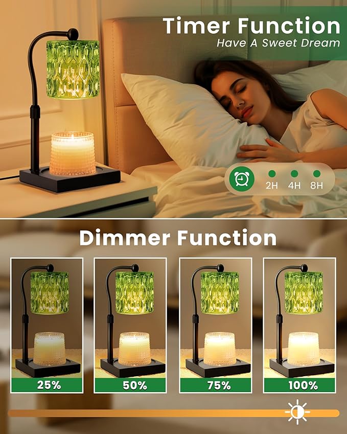 Candle Warmer Lamp Adjustable Height with Timer Dimmer, Dimmable Glass Wax Melt Warmer Light for Scented Jar, Present for Women Candle Lovers Christmas House Warming Home Decor Brithday, Green