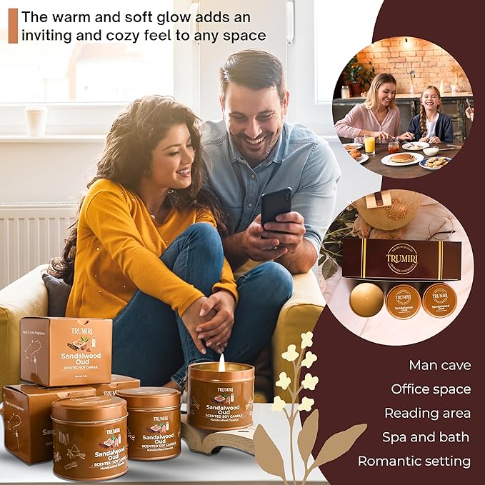Sandalwood Oud - Scented Candles for Men - Pack of 3 x 5oz Natural Soy Clean Organic Non Toxic - Masculine Scent Gifts - Candel for Home Bedroom Bathroom Apartment Room Décor - New House Essentials