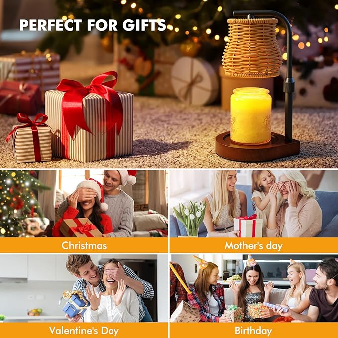 Candle Warmer Lamp with Timer & Dimmer - Electric Wax Melt Warmer with Adjustable Height for Scented Candles, Rattan Design for Home Decor, Ideal Gift for Women, Housewarming (Gold)