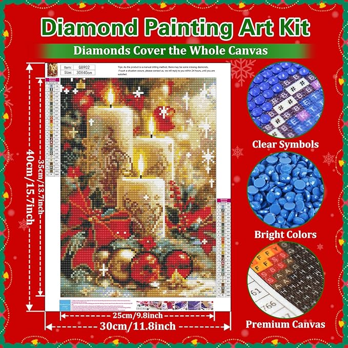 Reivworl Christmas Diamond Art Kits for Adults, Candle Diamond Painting Kits, Gem Art Kit for Gifts and Home Interior Decor 12x16 Inch