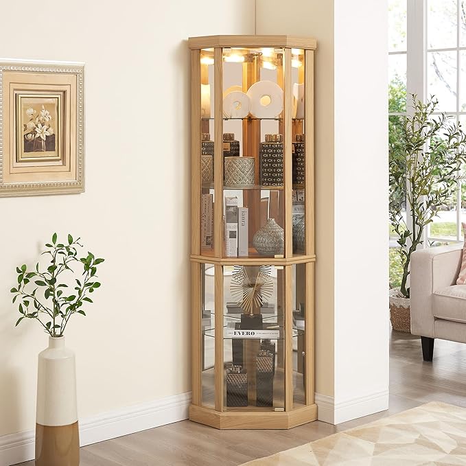 69" H Lighted Curio Cabinet Corner Display Case,Corner Glass Cabinets with Tempered Glass Door and Adjustable Shelves,Wooden Curio Cabinet with Mirrored Back Pane (Style 1 - Light Oak)